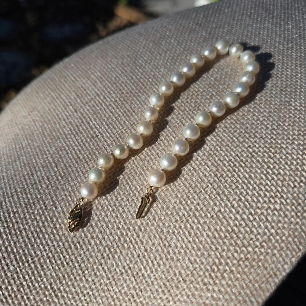 Vintage 7in 14k Yellow Gold White Pearl Single Strand Bracelet Estate